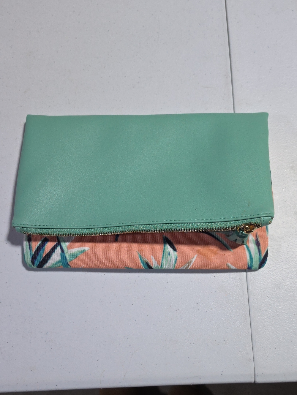 Mint Green Fold-Over Tropical Print Clutch